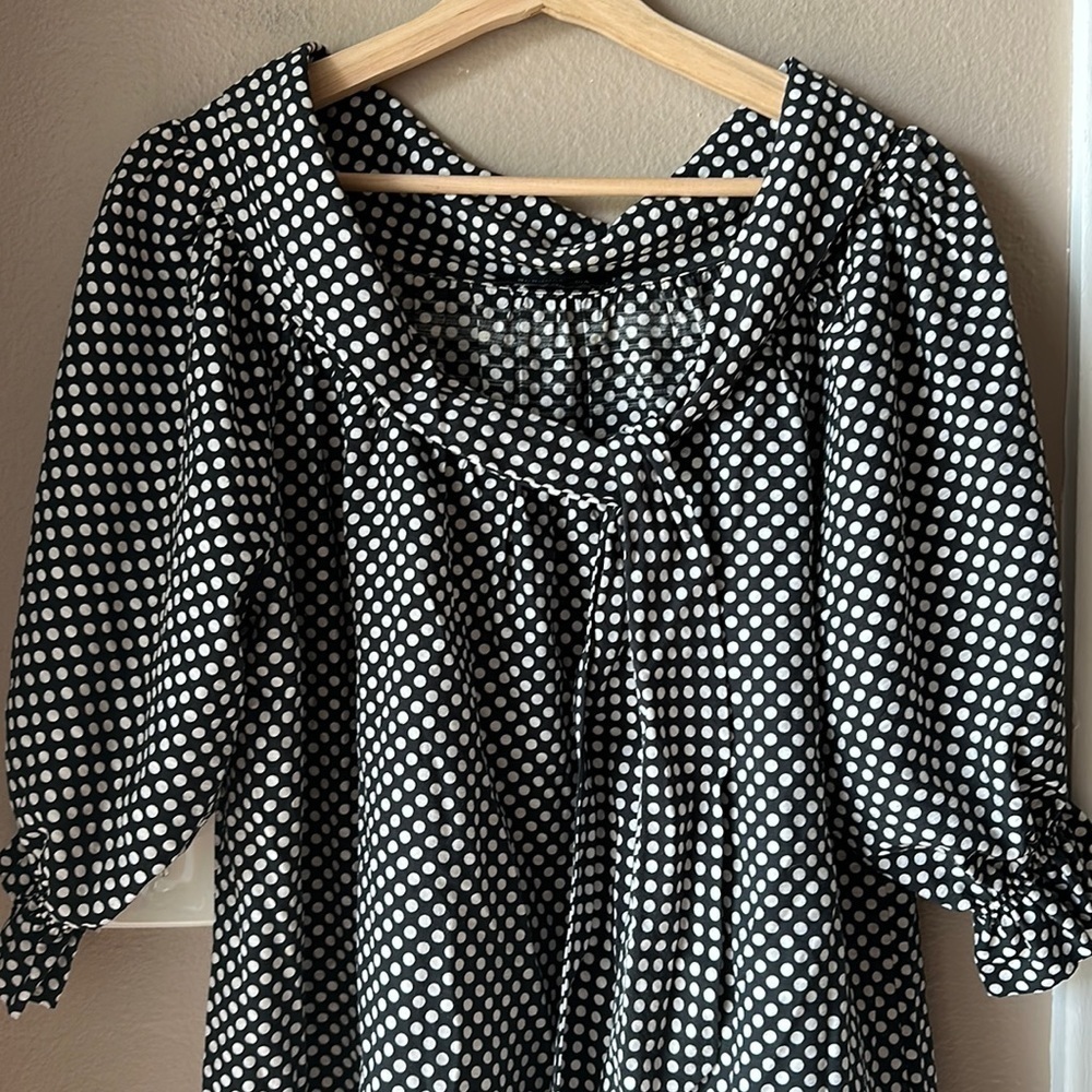 BCBGMAXAZRIA Puffy Sleeve Oversized Polka Dot Tie Neck Blouse